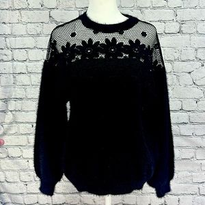 FOREVER 21 Furry Oversized Sweater w/ Lace Floral & Netting Upper SMALL Black